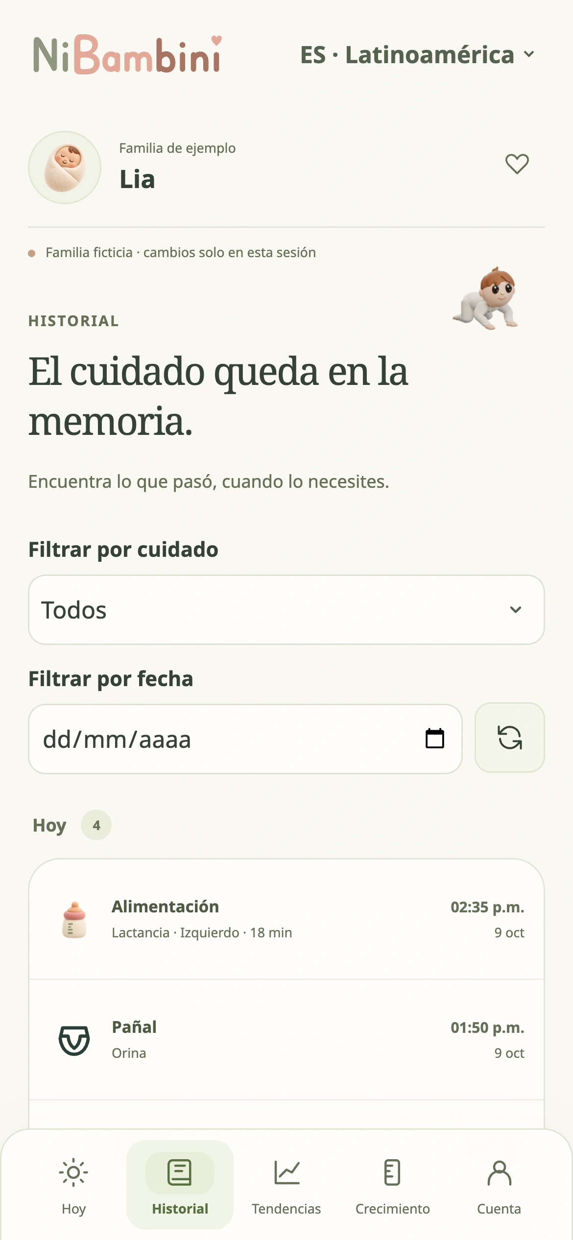 Historial de NiBambini con alimentación, pañales y sueño, ordenados por horario.
