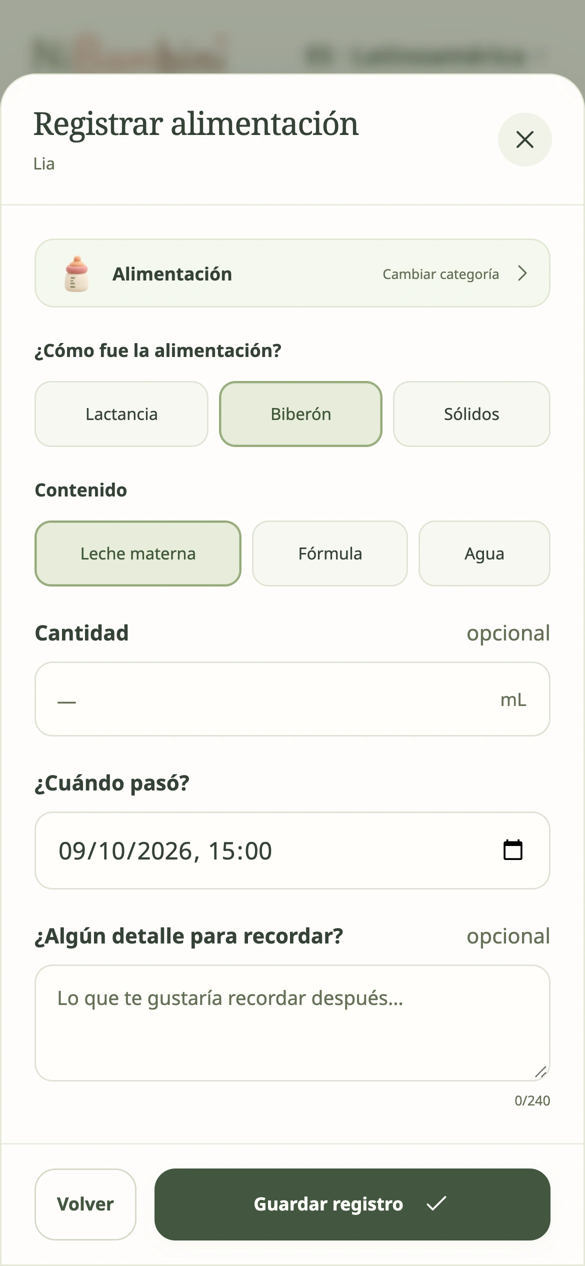 Formulario real para registrar un biberón en la demo de NiBambini.