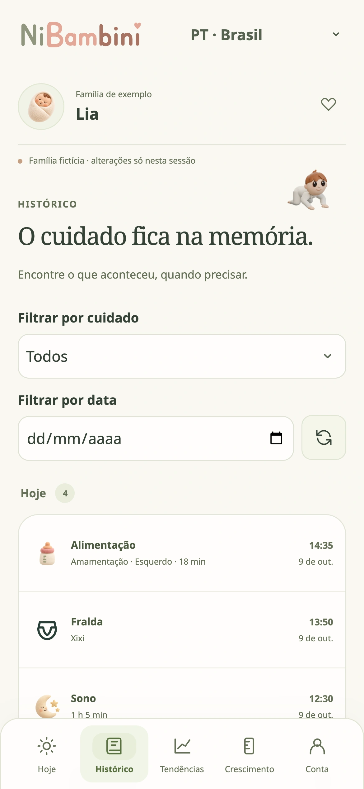 Histórico do NiBambini com alimentação, fralda e sono, organizados por horário.
