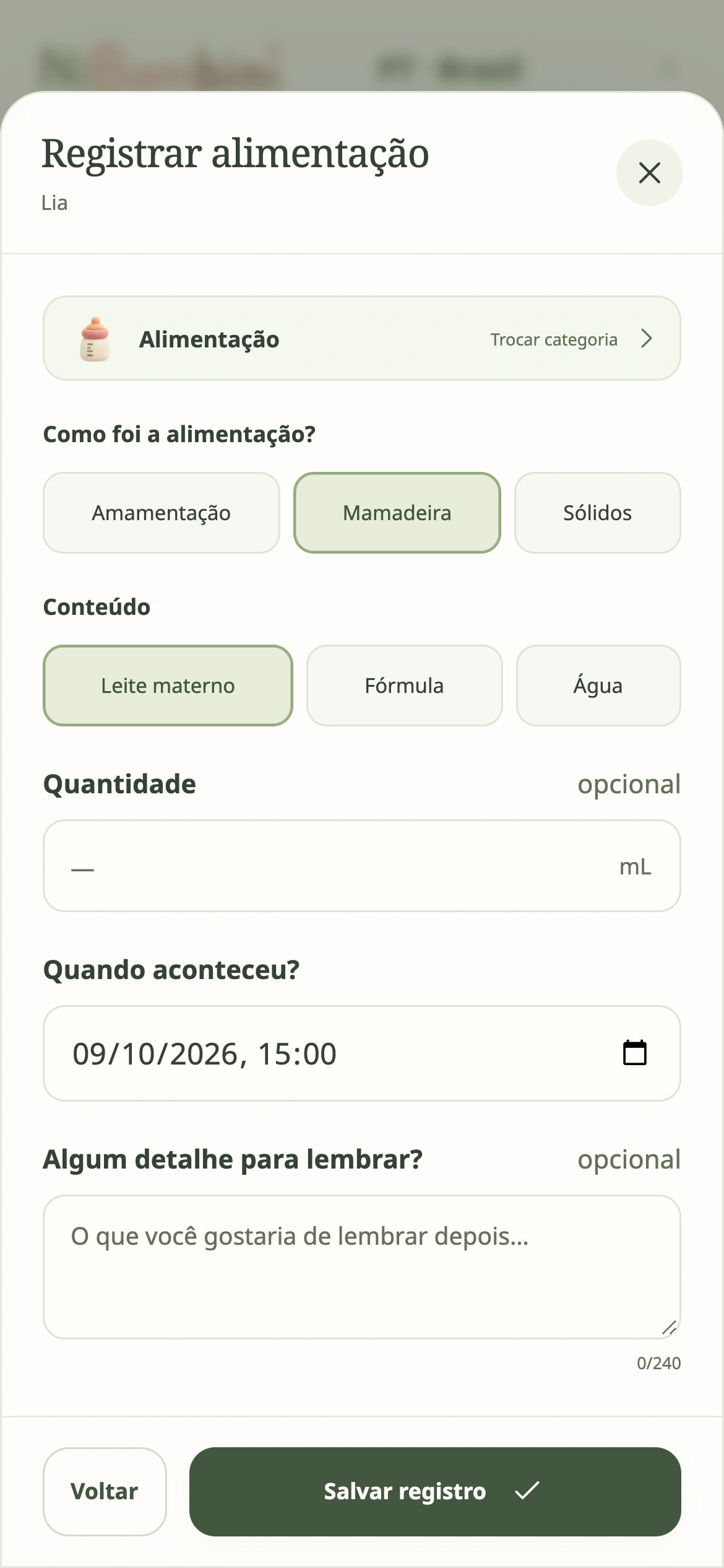 Formulário real de registro de mamadeira na demonstração do NiBambini.